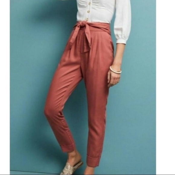 Cartonnier Anthropologie pink rose high waist tie front tapered flowy pants 10 - Picture 11 of 15